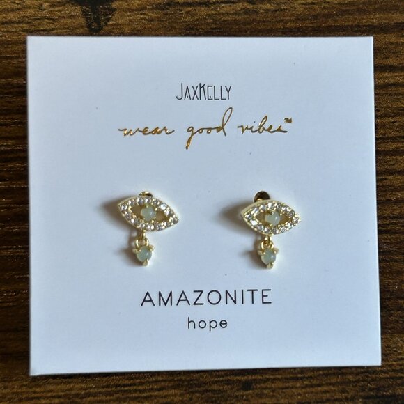 NEW Jax Kelly Green Amazonite Evil Eye Drop Earrings Hope Stone Hypoallergenic - Picture 5 of 8